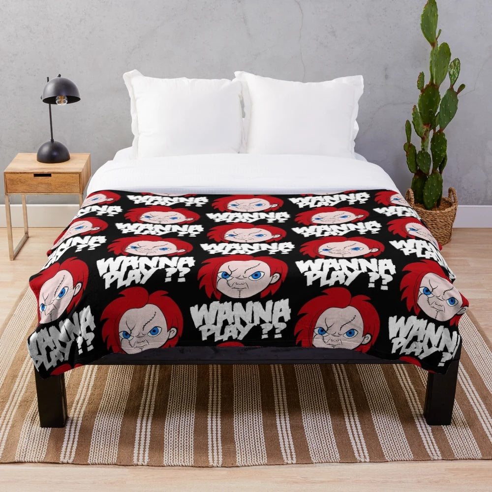 Plush horror movie-themed blanket with spooky characters