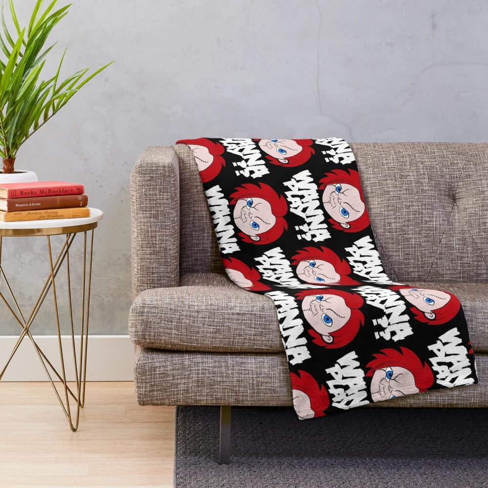 Plush horror movie-themed blanket with spooky characters