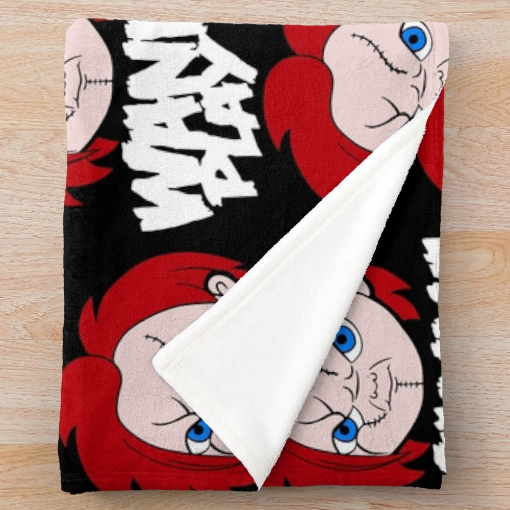 Plush horror movie-themed blanket with spooky characters
