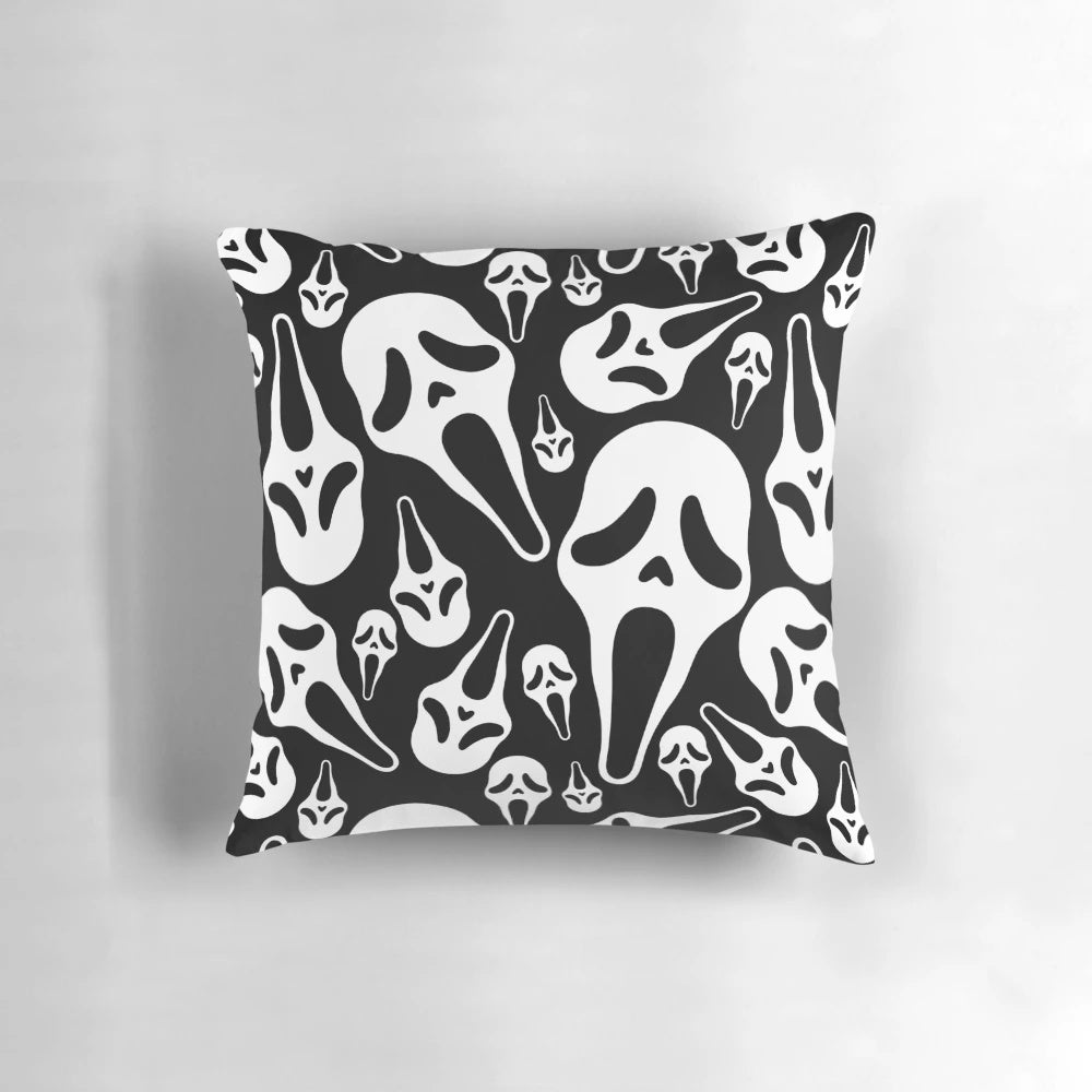 Ghostface-inspired decorative pillow with a spooky, macabre design