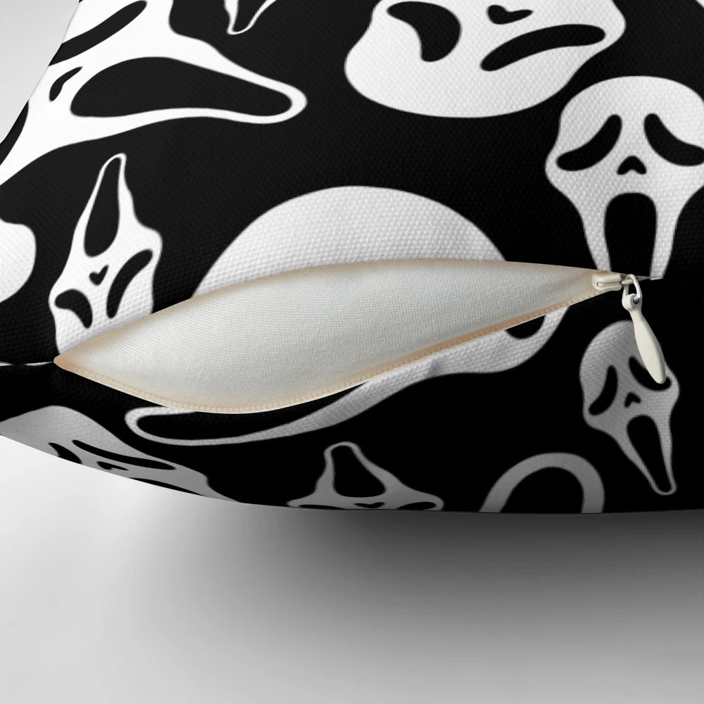 Ghostface-inspired decorative pillow with a spooky, macabre design