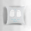 Soft, plush pillow with a spooky love design featuring ghosts and hearts