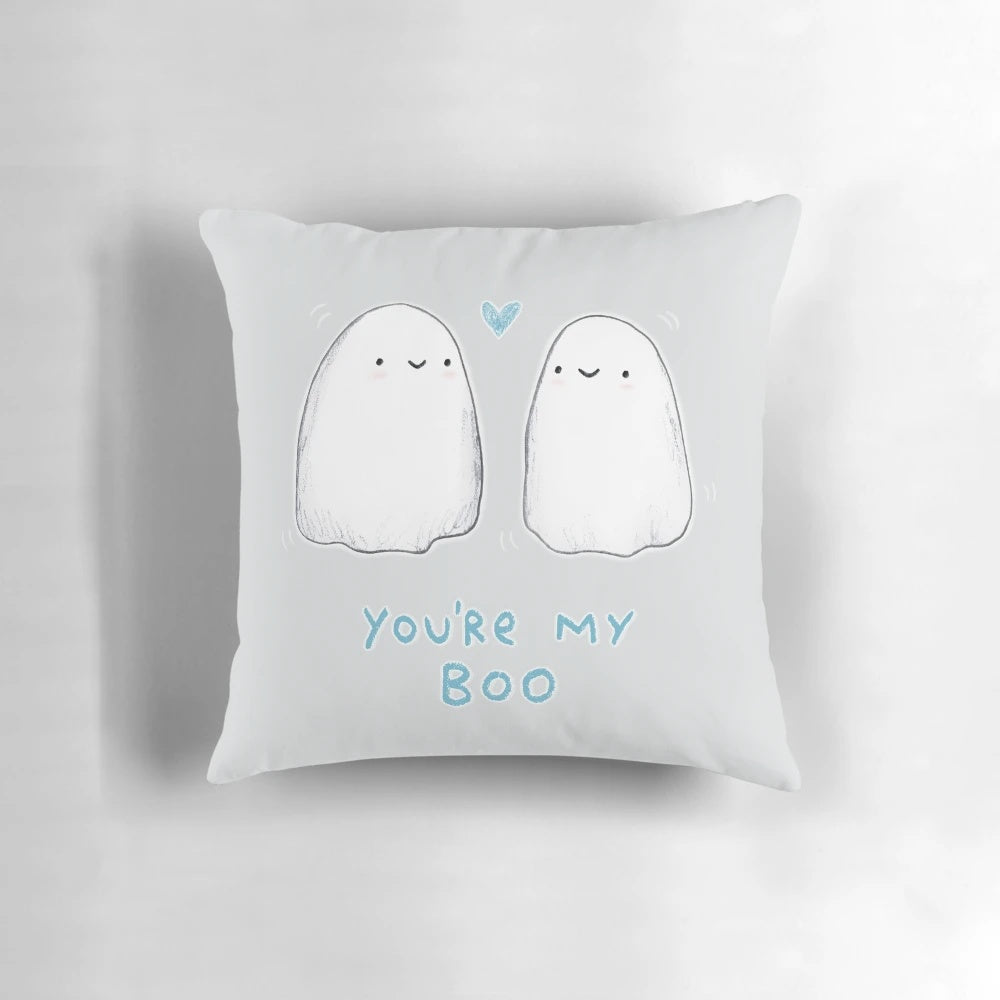 Soft, plush pillow with a spooky love design featuring ghosts and hearts