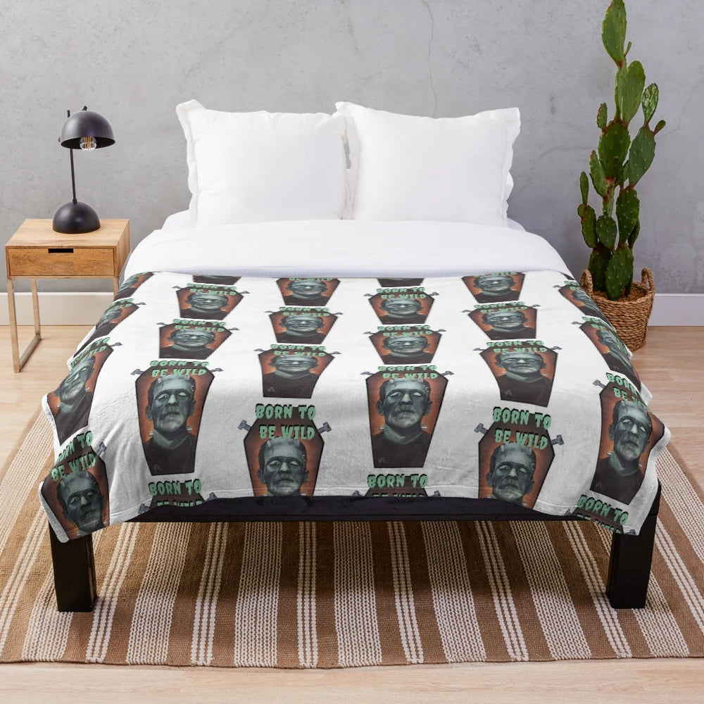 Cozy plush blanket with a gothic Frankenstein monster design