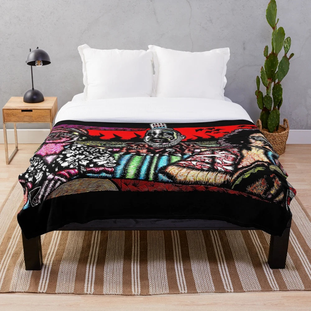 Plush blanket featuring gothic, horror-themed artwork with serial killer and clown motifs