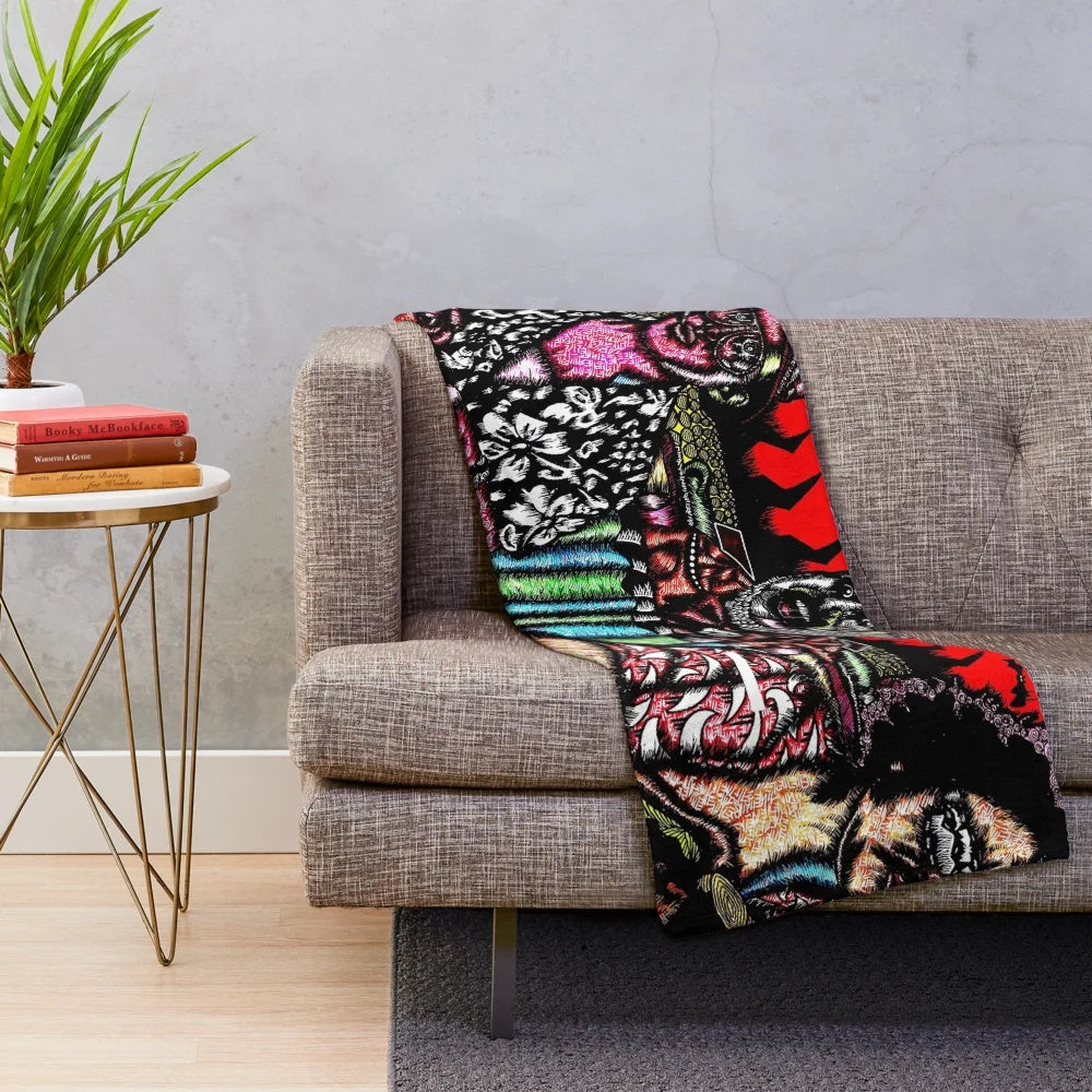 Plush blanket featuring gothic, horror-themed artwork with serial killer and clown motifs