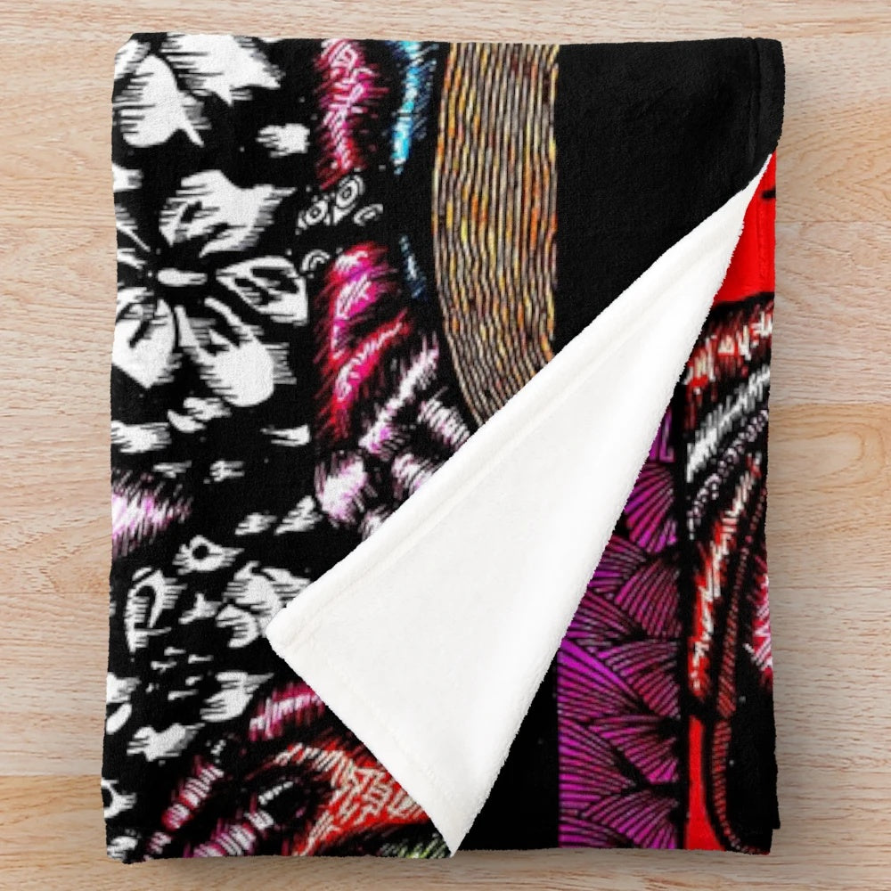 Plush blanket featuring gothic, horror-themed artwork with serial killer and clown motifs
