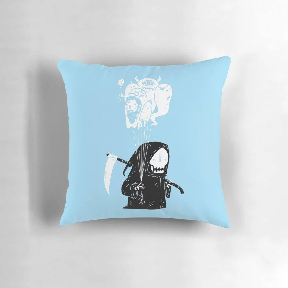 Spooky grim reaper skull pillow with balloons, perfect for Halloween home decor