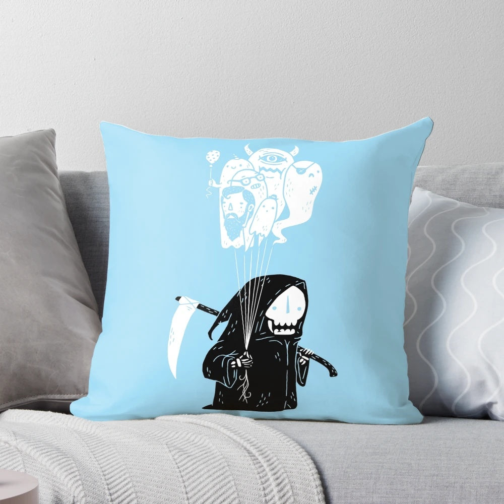 Spooky grim reaper skull pillow with balloons, perfect for Halloween home decor