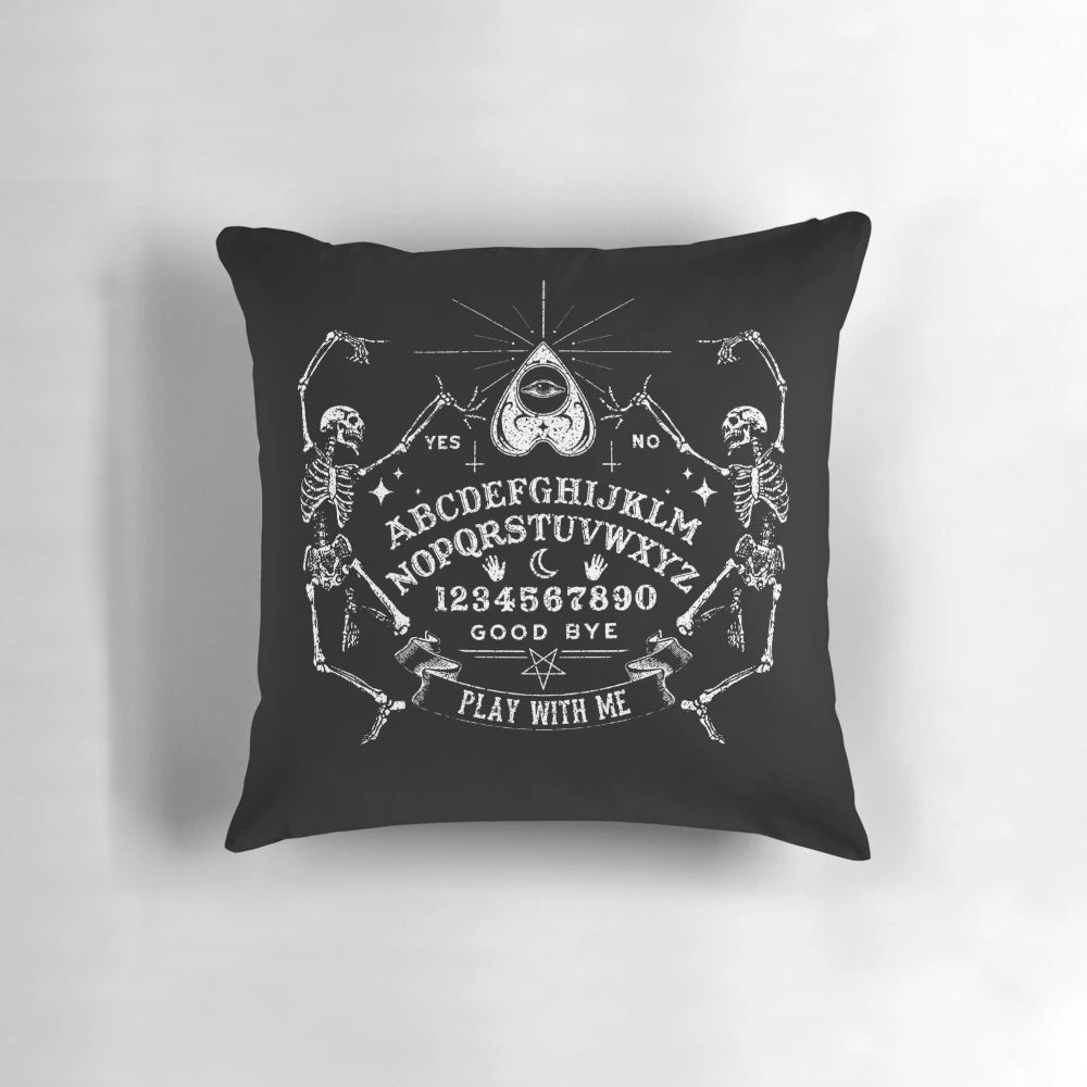 Spooky Halloween-themed Ouija and skeleton pillow
