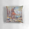 Decorative Halloween pillow featuring pumpkins, ghosts, and other spooky elements.