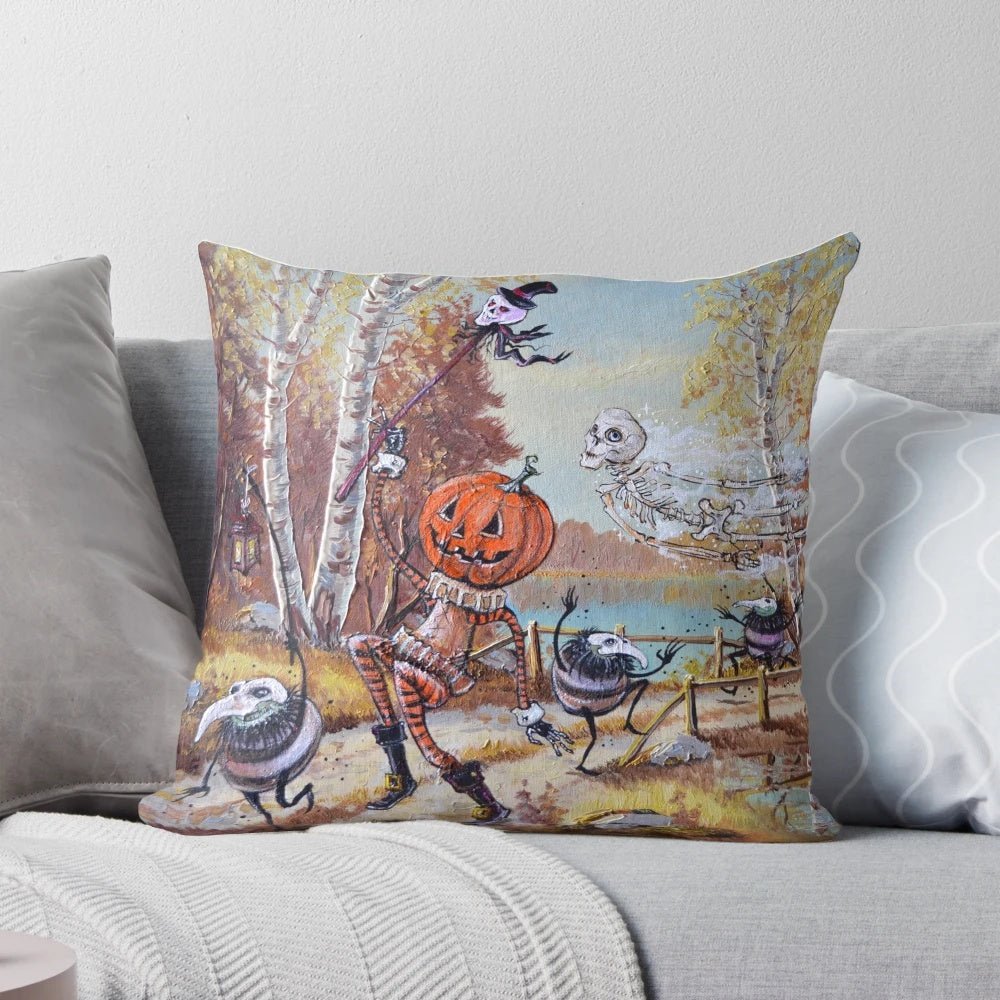 Decorative Halloween pillow featuring pumpkins, ghosts, and other spooky elements.