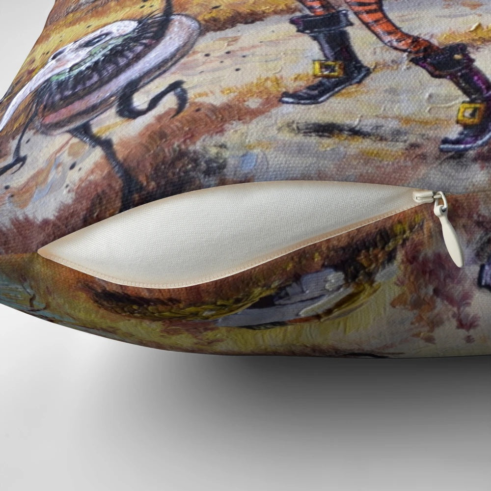 Decorative Halloween pillow featuring pumpkins, ghosts, and other spooky elements.