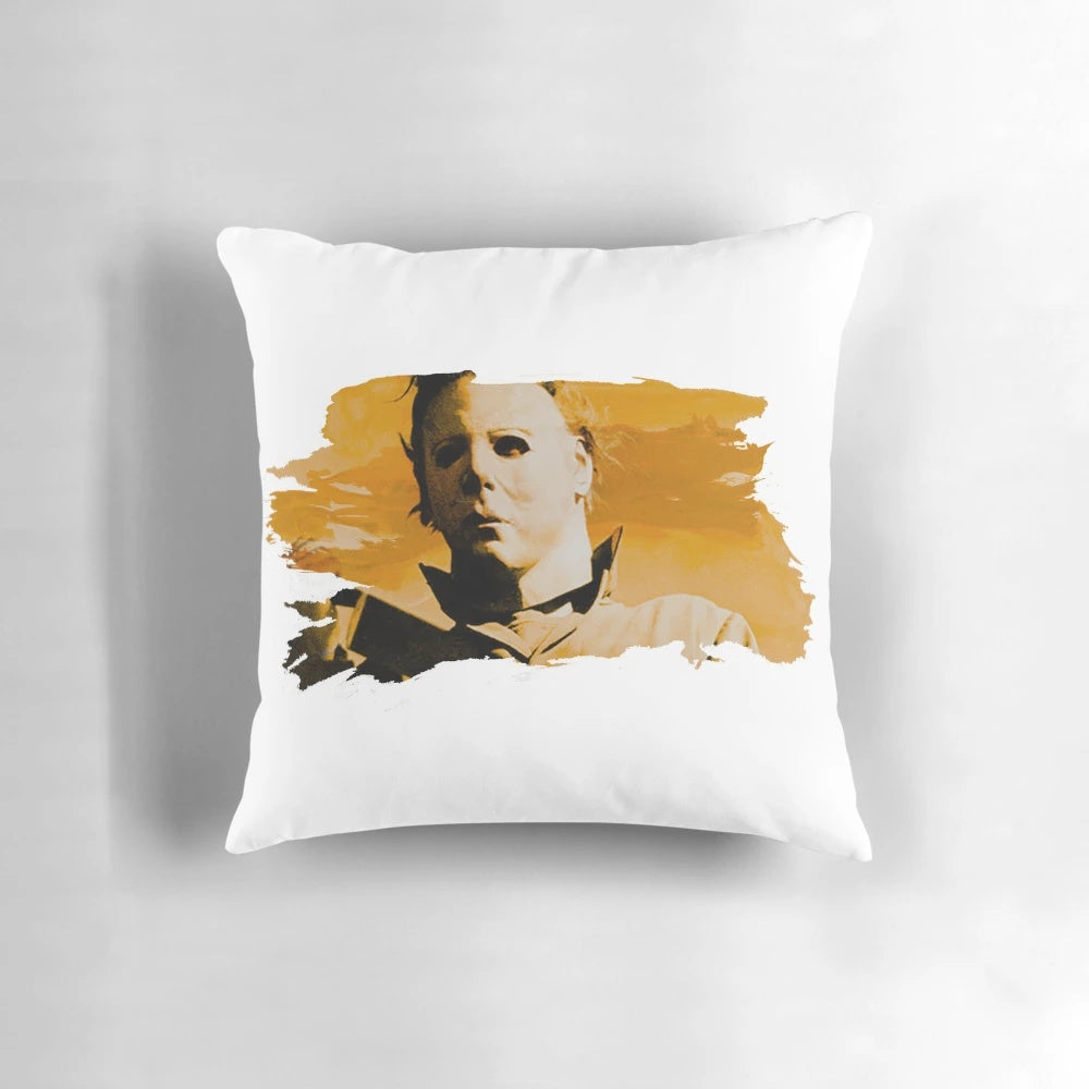 Halloween-themed pillow with an image of Michael Myers, the iconic slasher from 80s horror movies