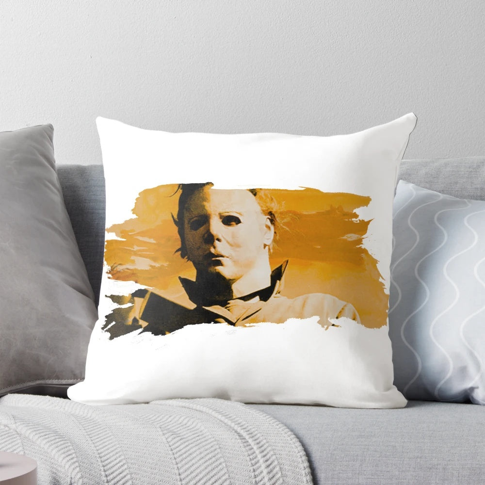 Halloween-themed pillow with an image of Michael Myers, the iconic slasher from 80s horror movies