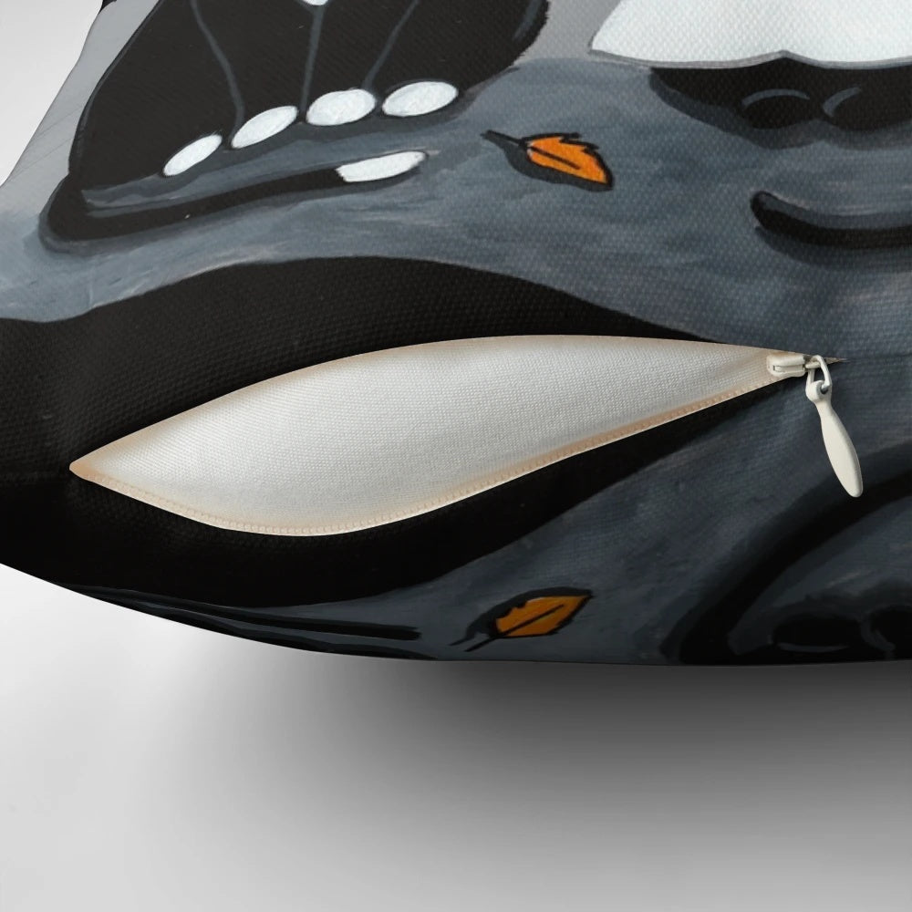 A festive Pillow featuring a whimsical black, tuxedo, ghost, and bat cat design - perfect for Halloween and cat lovers.