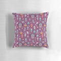 A spooky and festive Halloween-themed pillow featuring a creepy devil, vampire, and other Halloween icons.