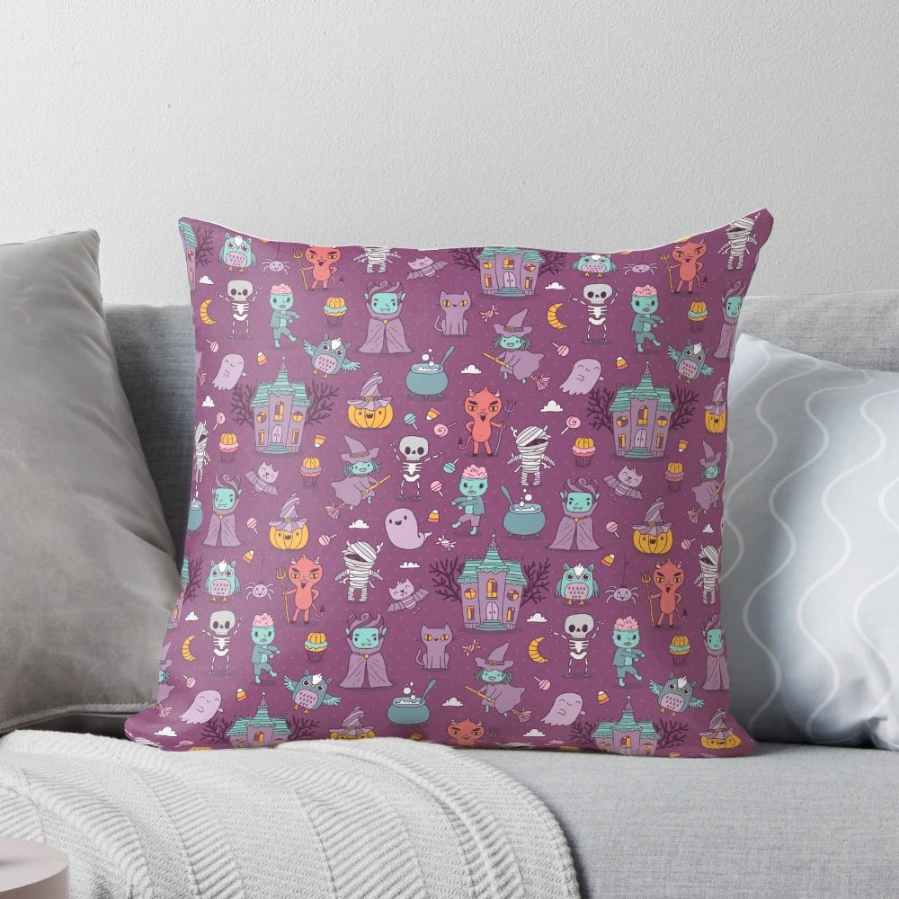 A spooky and festive Halloween-themed pillow featuring a creepy devil, vampire, and other Halloween icons.