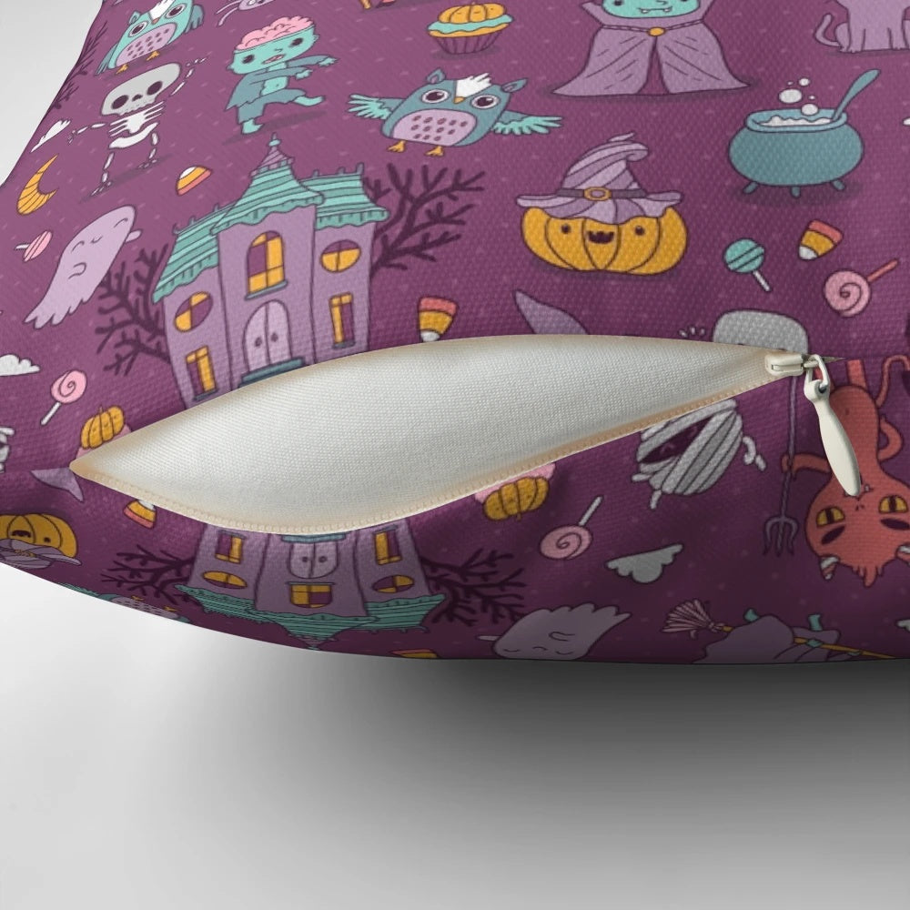A spooky and festive Halloween-themed pillow featuring a creepy devil, vampire, and other Halloween icons.