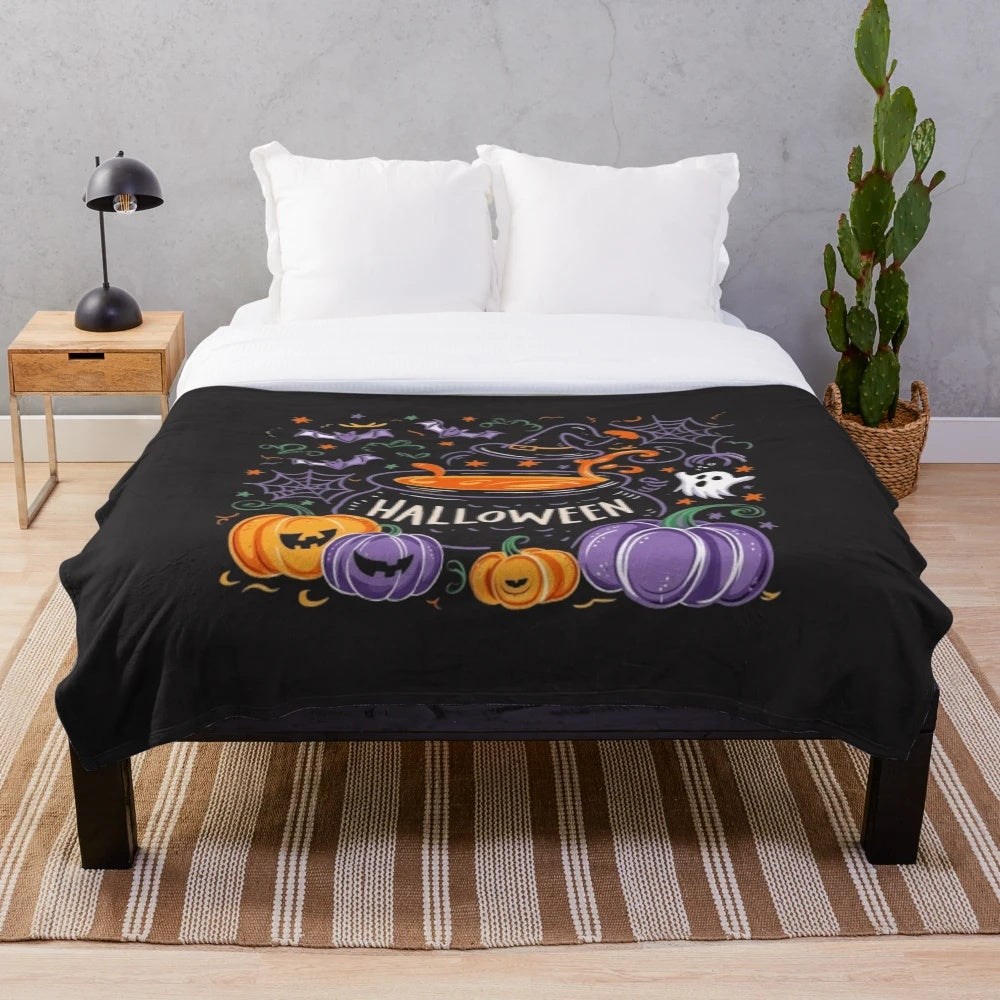 Spooky Halloween Plush Blanket with Eerie Bat Pattern and Ghost Glow Design