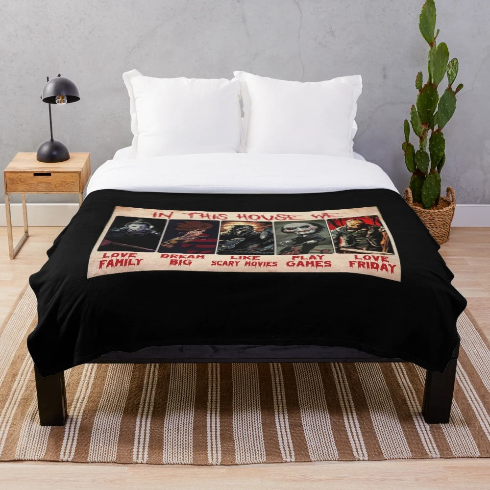 Plush blanket with horror movie and scary Halloween themed design