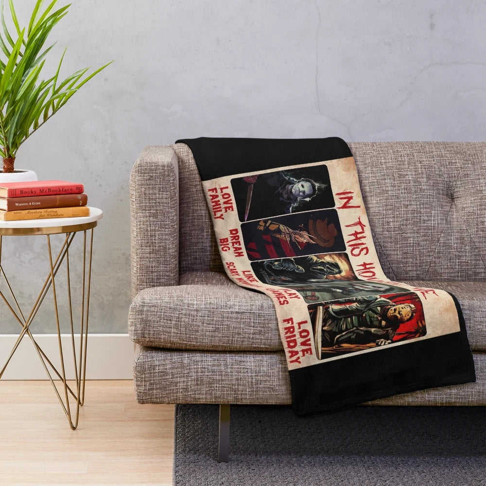 Plush blanket with horror movie and scary Halloween themed design