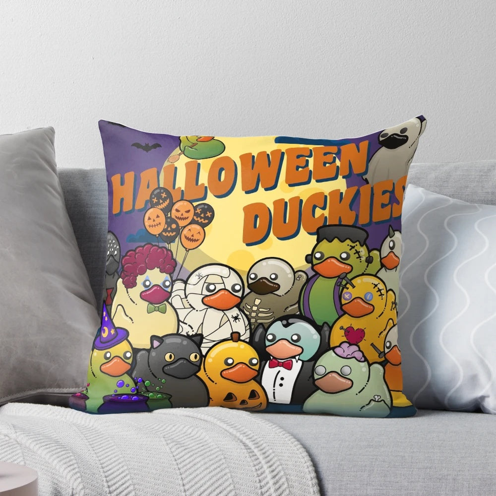Spooky Halloween Rubber Duckies Pillow with various monster designs