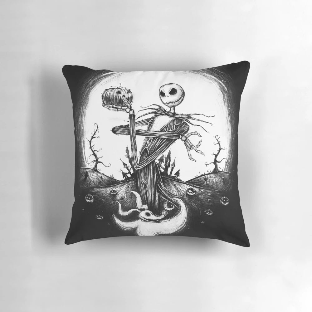 Halloween-themed throw pillow with Jack Skellington and Nightmare Before Christmas design