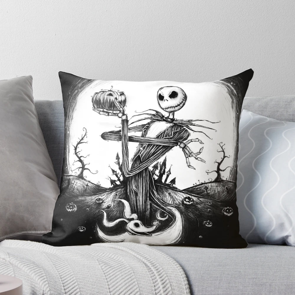 Halloween-themed throw pillow with Jack Skellington and Nightmare Before Christmas design