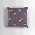 Decorative witch-themed pillow with a retro pattern featuring reptile and ghost eyes in shades of purple and black for a spooky, Halloween vibe.