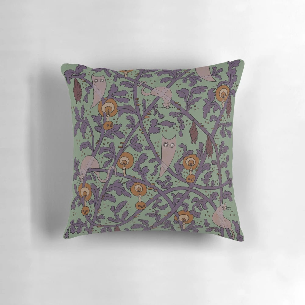 Haunted woods pillow with spooky owl and ghostly william morris pattern