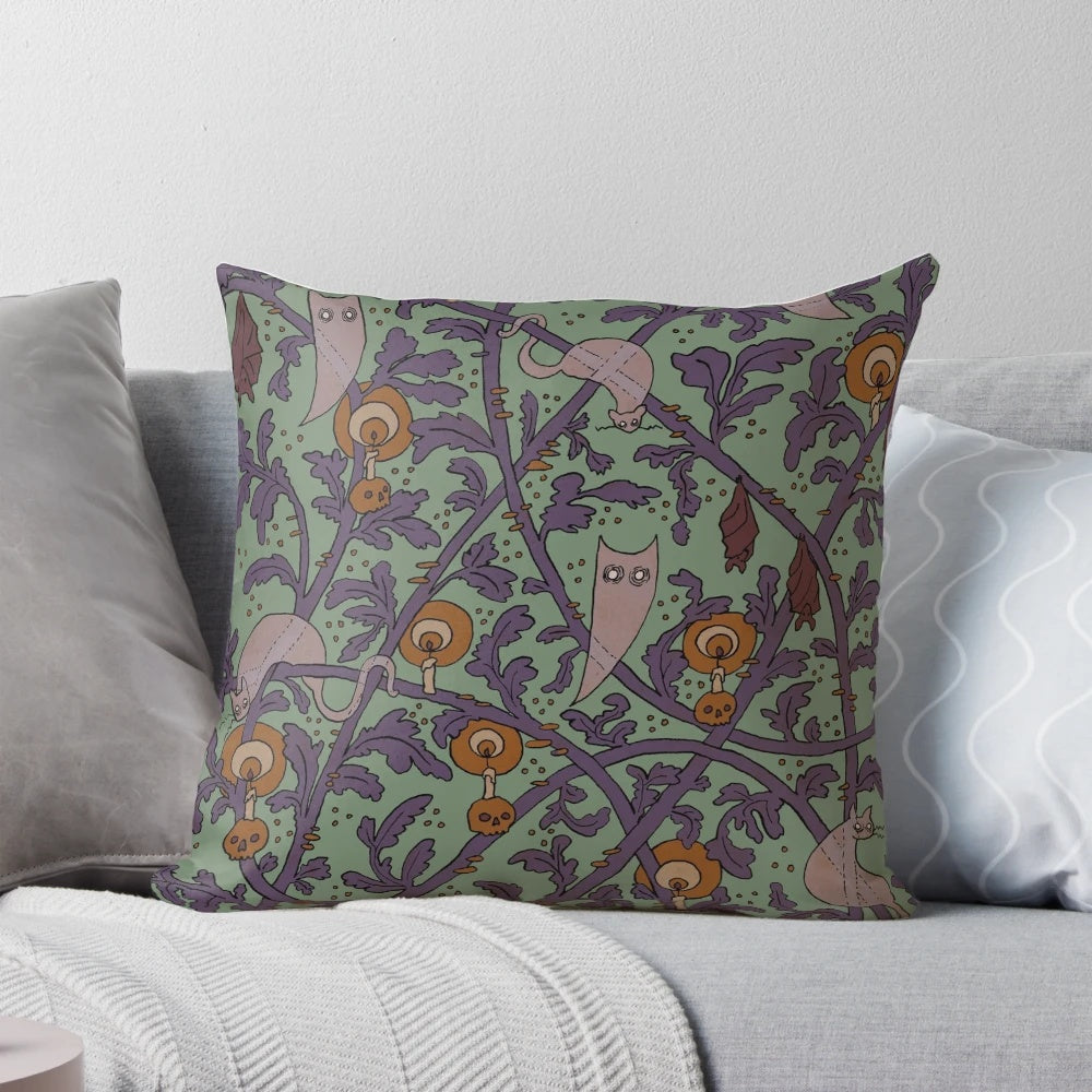 Haunted woods pillow with spooky owl and ghostly william morris pattern
