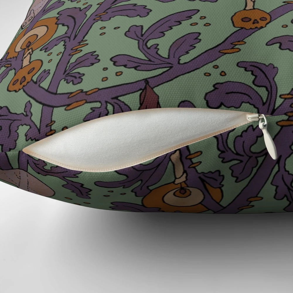 Haunted woods pillow with spooky owl and ghostly william morris pattern