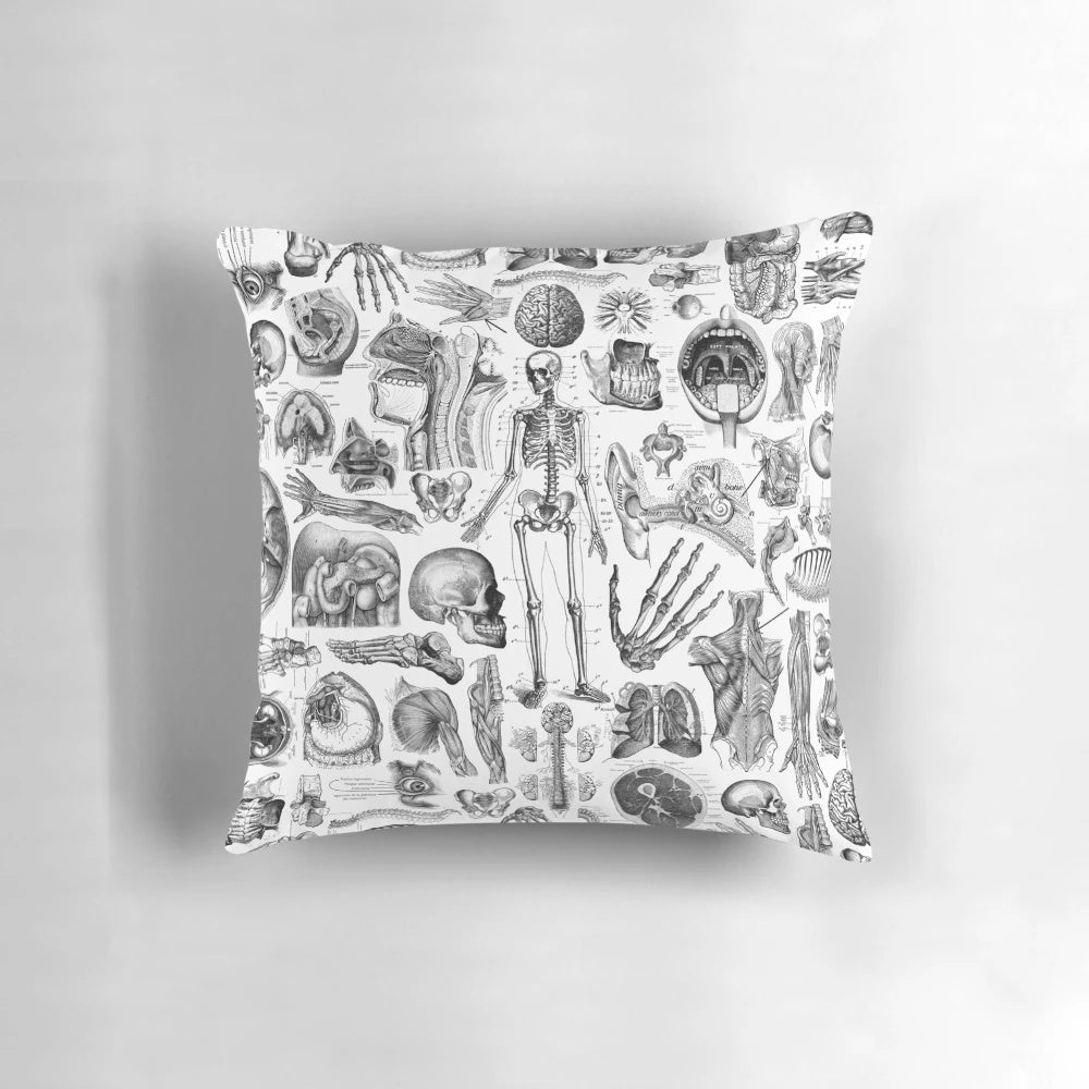 White print of human anatomy and skeleton on a soft, comfortable pillow.