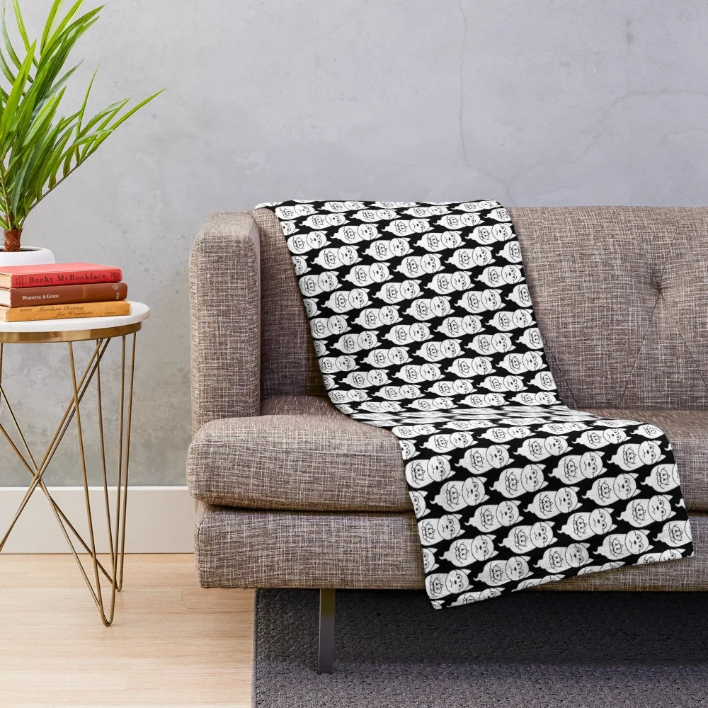 Black and white husky puppy plush blanket with ghostly pattern