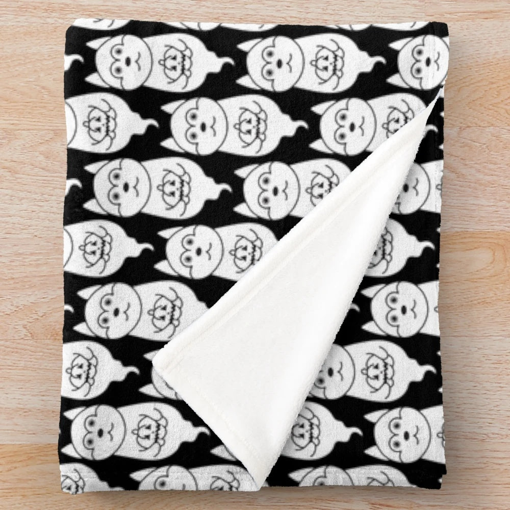 Black and white husky puppy plush blanket with ghostly pattern