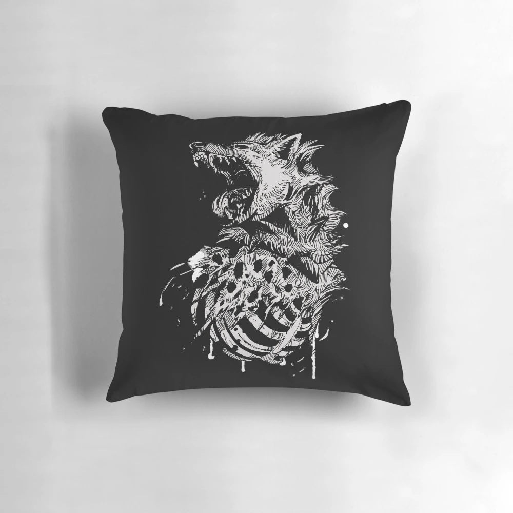 A dark and mysterious hyena skull design printed on a cozy throw pillow for gothic home accents.