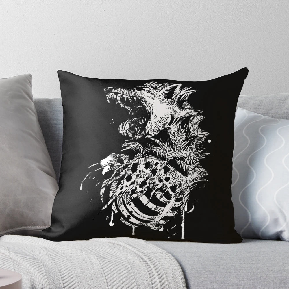 A dark and mysterious hyena skull design printed on a cozy throw pillow for gothic home accents.