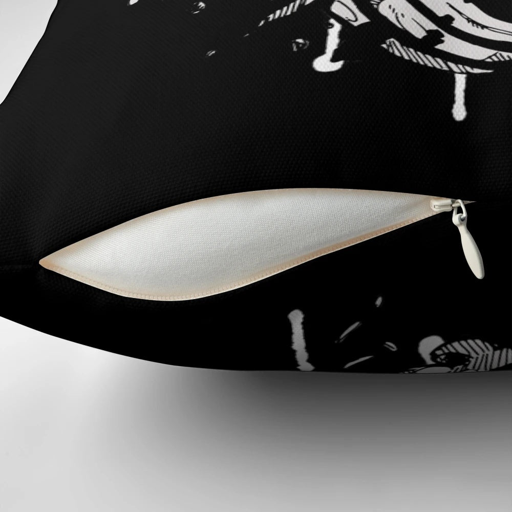 A dark and mysterious hyena skull design printed on a cozy throw pillow for gothic home accents.