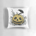 Jack-O-Lantern Halloween pillow with dark, gothic design featuring a creepy pumpkin, raven, and spooky elements