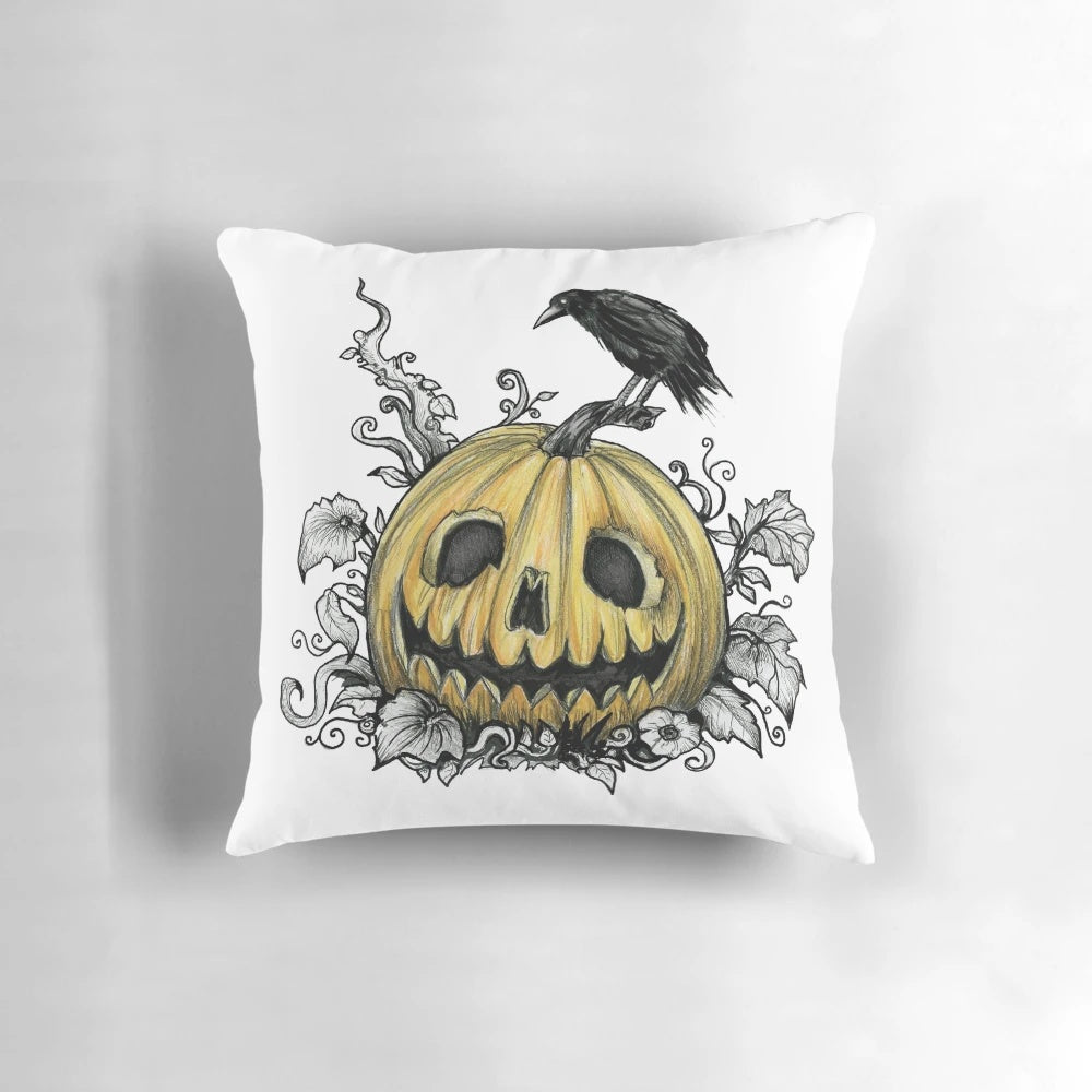 Jack-O-Lantern Halloween pillow with dark, gothic design featuring a creepy pumpkin, raven, and spooky elements