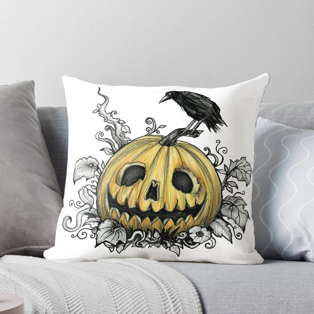 Jack-O-Lantern Halloween pillow with dark, gothic design featuring a creepy pumpkin, raven, and spooky elements