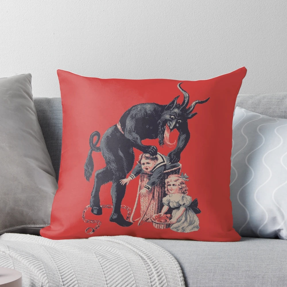 Merry Christmas Krampus-themed decorative throw pillow with black and red design