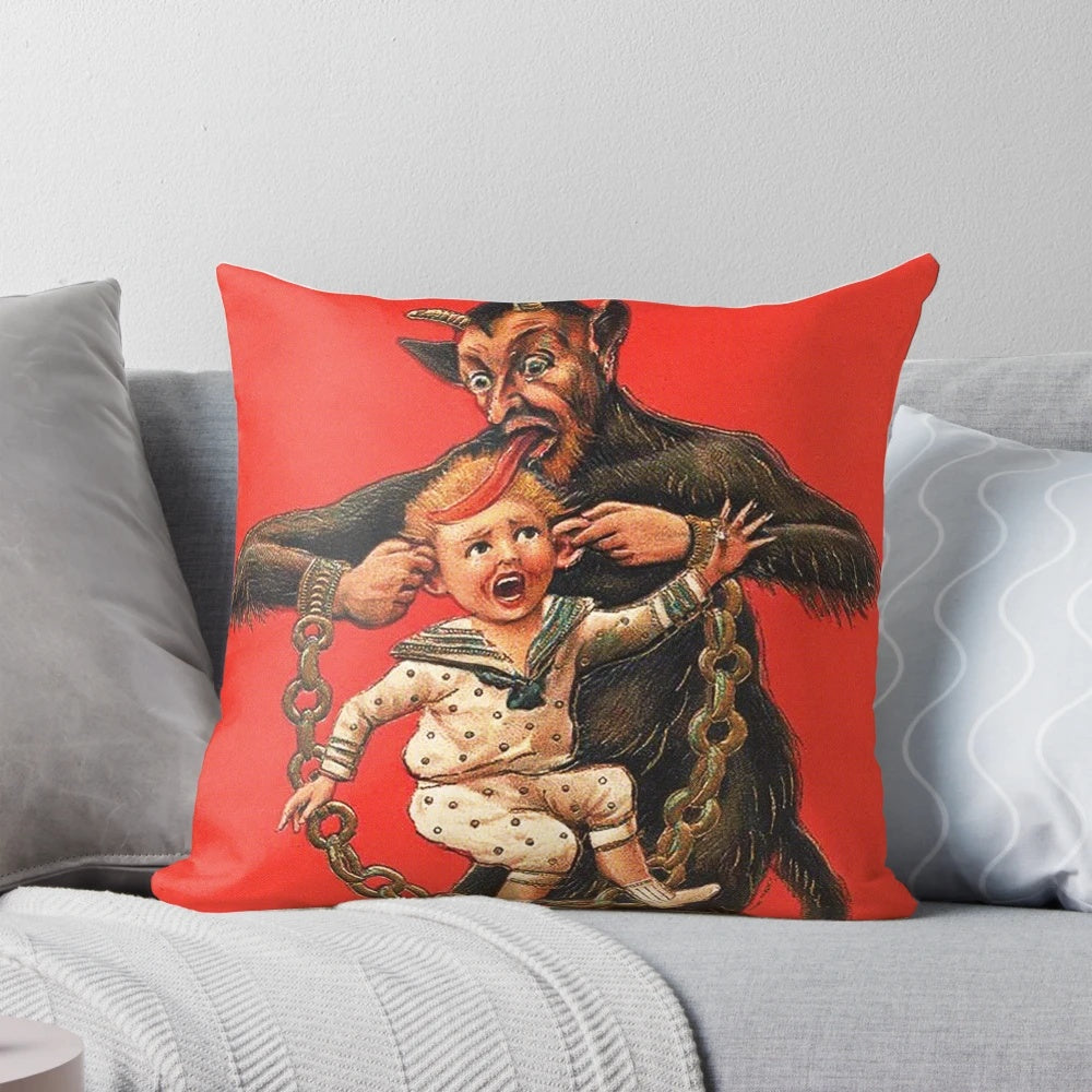 Krampus-themed decorative pillow with a vintage, gothic design