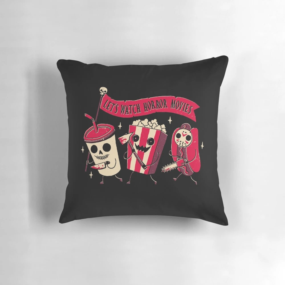 Vintage-style midnight movie pillow with spooky and humorous graphics