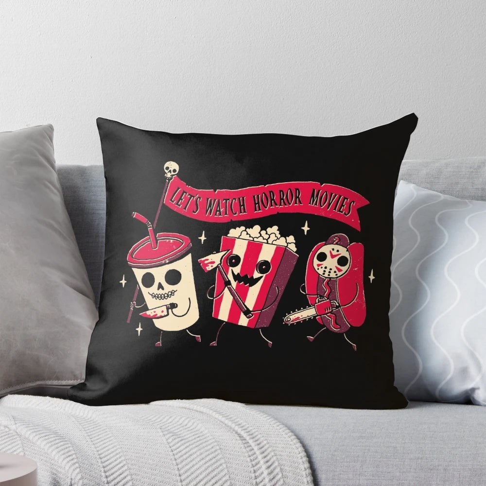 Vintage-style midnight movie pillow with spooky and humorous graphics
