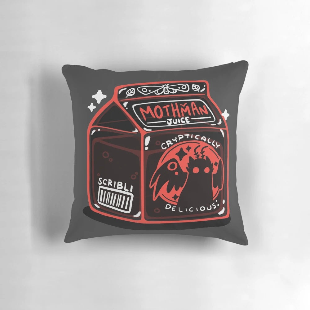 Mothman-themed decorative pillow with a spooky juice box design