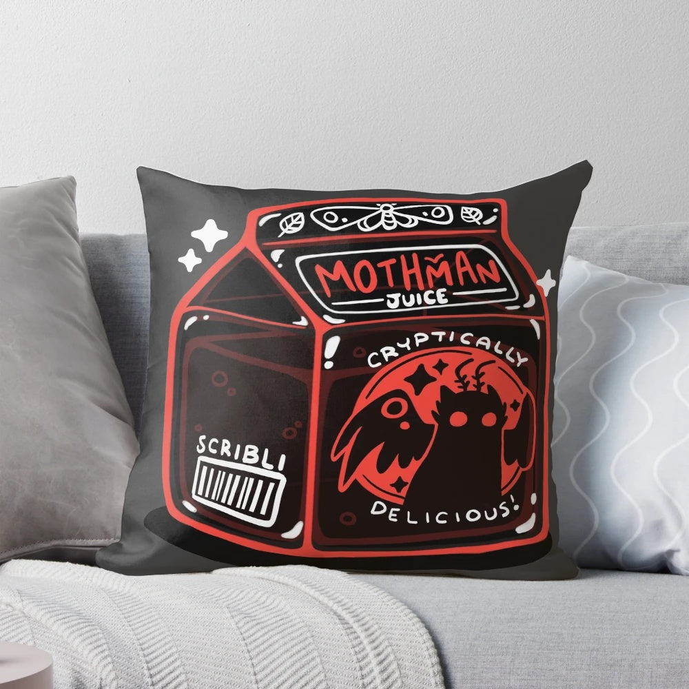 Mothman-themed decorative pillow with a spooky juice box design
