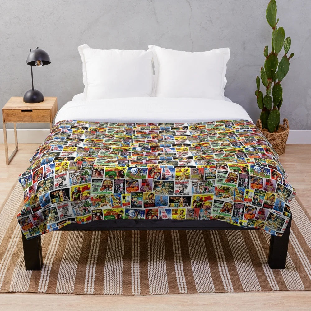 Horror movie plush blanket featuring classic horror film imagery