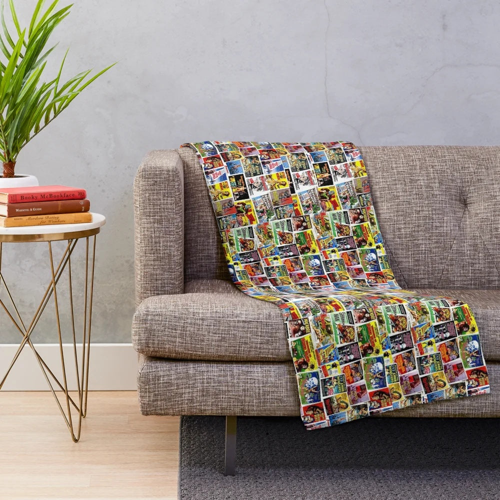 Horror movie plush blanket featuring classic horror film imagery